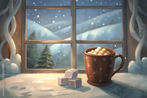 Cup of hot cocoa with marshmallows beside frosted window overlooking snowy landscape symbolizing warmth and relaxation.