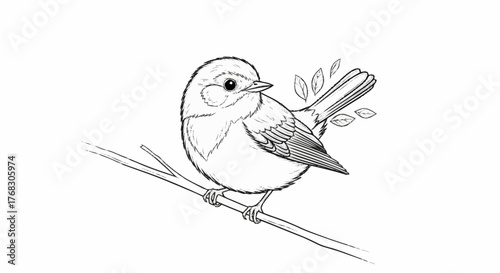 Detailed Line Art Drawing of a Small Bird Perched on a Branch.