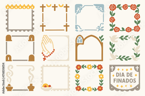 Día de Finados Floral Frame and Religious Design Elements