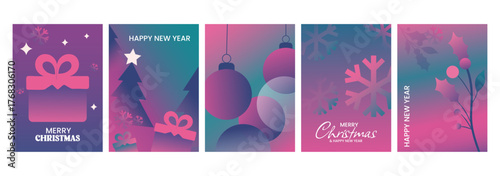 Modern Christmas and New Year greeting card set, colorful gradient holiday background with snowflakes, gift box, Christmas tree, baubles, festive poster templates for winter celebration and wishes.