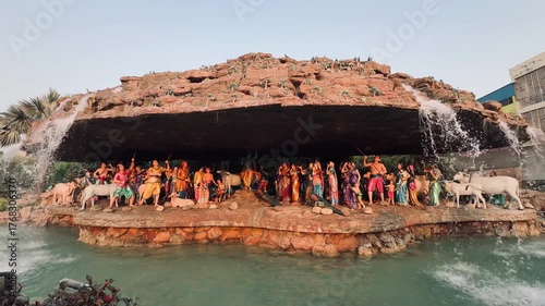 A vibrant scene of devotees gathered around the sacred Govardhan Hill in Mathura, depicting the legendary moment from Lord Krishna’s divine protection story. Perfect for spiritual travel and cultural 