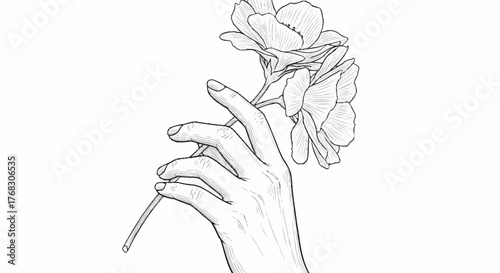 Elegant Hand Holding a Delicate Flower Line Art Illustration.