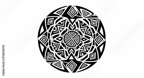 Tribal inspired circular pattern intricate black and white design element image
