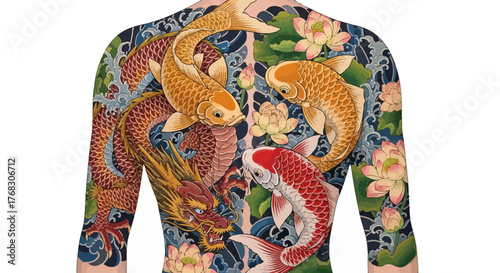 Intricate back piece tattoo featuring traditional Japanese art: dragon, koi fish, and lotus flowers