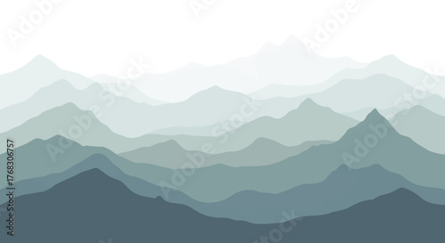 Vector illustration of a misty mountain range in shades of blue and grey evoking a sense of