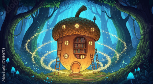 Enchanted Acorn House with Glowing Windows and Ladder.