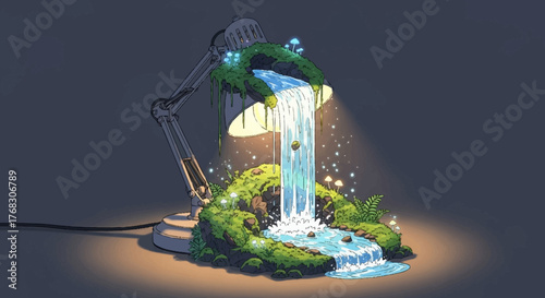 Enchanted Desk Lamp with Miniature Waterfall and Lush Greenery.