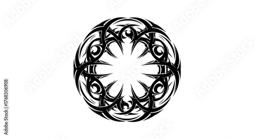 Abstract tribal design forming a circular black pattern against a white backdrop