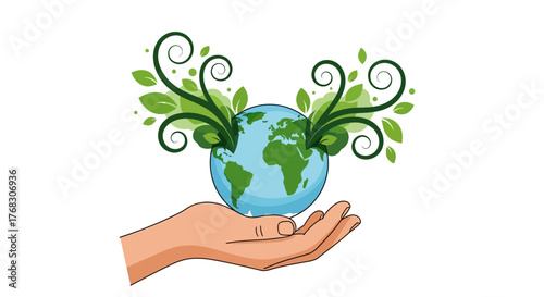 Illustration of a hand holding the planet earth adorned with flourishing green foliage symbolizing