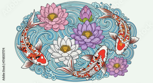 Elegant koi fish amidst lotus flowers, conveying peacefulness and artistic design inspired by
