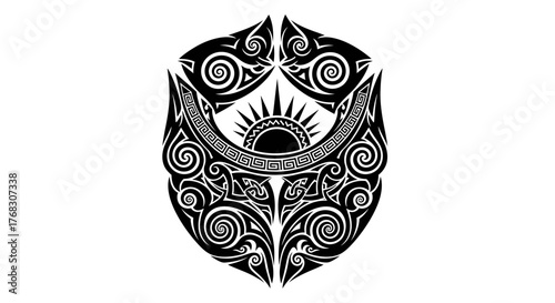 Intricate tribal emblem evoking sun and shield symbolic graphic design element with patterns and