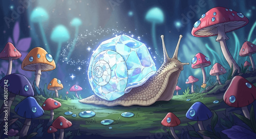 Enchanted Snail with Glowing Crystal Shell in Mystical Forest.