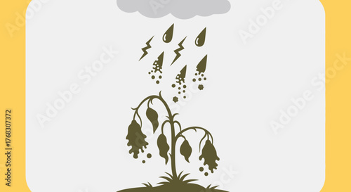 Stylized depiction of environmental distress, plant under heavy rain and lightning, showing