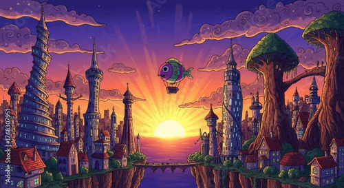 Fantasy Cityscape with Airship at Sunset.