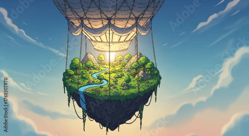Fantasy Floating Island with Lush Greenery and River Suspended in Sky.