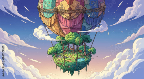 Fantasy Hot Air Balloon with Floating Island and Lush Green Trees.
