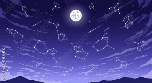 Full Moon and Constellations in a Starry Night Sky.