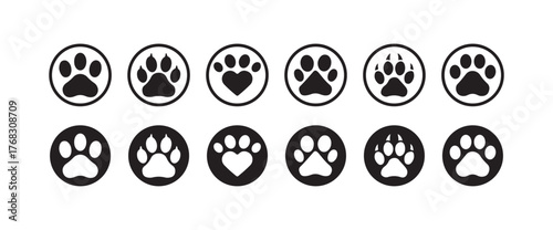 Paw icon set, cat paw prints, Different footprints icon,  Foot imprint, footsteps icon collection,  footprints silhouetteVector illustration EPS 10.
