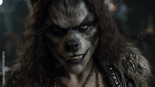 Furry werewolf bares teeth with dark gothic makeup.