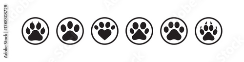  Animal feet set icon, Animals paw prints, Dog and cat paw print icon, cute animal footprints, silhouette, Vector illustration EPS 10.
