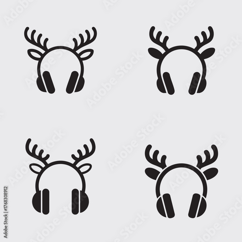 Bundle of Headphone icon with reindeer ears, minimal vector, white background.
