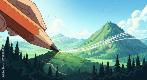 Giant Pencil Drawing a Lush Mountain Landscape.