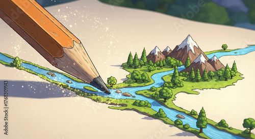 Giant Pencil Drawing a Vibrant Miniature Landscape with Rivers and Mountains.