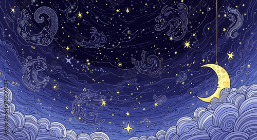 Golden Crescent Moon Hanging in a Starry Night Sky with Clouds.