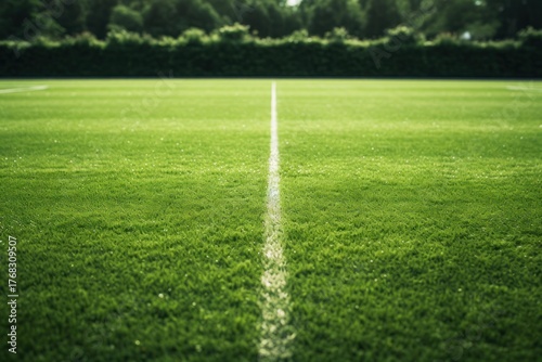 Vibrant green soccer field with prominent white line marking the halfway point, ready for a game