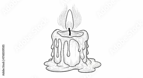 Hand Drawn Illustration of a Melting Candle with a Burning Flame.
