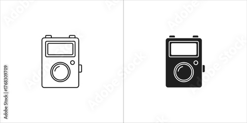 Portable audio recorder device icon in outline and solid black on