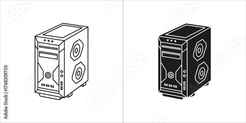 Computer tower icon, black and white outline and filled versions