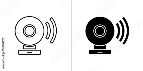 Webcam icon with signal waves, black and white outline and filled versions