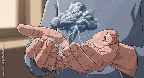 Hands holding a miniature storm cloud with lightning bolts.