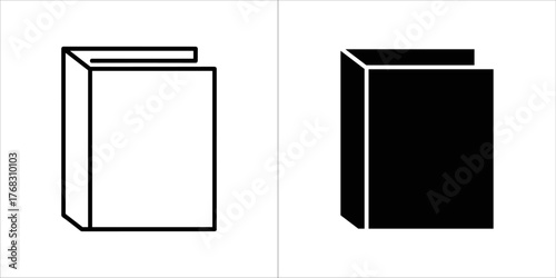 Two icon style illustrations of a book, one outline and one solid black