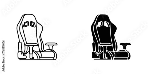 Two icon style illustrations of a gaming chair, one outline and one solid black