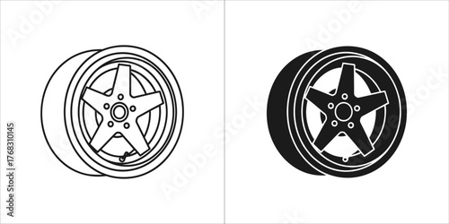 Outline and solid icon of a car wheel rim