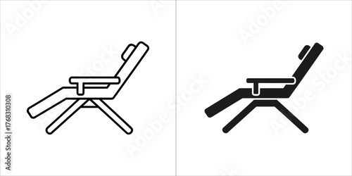 Two icons of a recliner chair, one outline and one solid