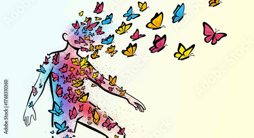 Human figure transforming into colorful butterflies symbolizing freedom and change.