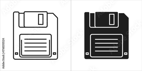 Two icons of a floppy disk, one in outline and one in solid black