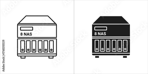 Two icons of a nas server, one in outline and one in solid black