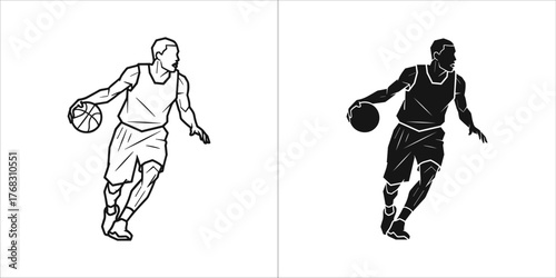 Two silhouettes of a basketball player dribbling, one outlined and one filled