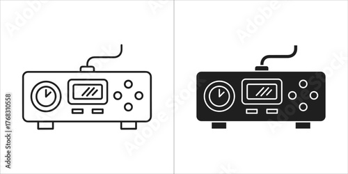Two icons of a radio transmitter, one outlined and one filled