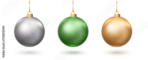 Colorful Christmas baubles PNG set. Glossy 3D ornaments silver. green, gold festive decorations