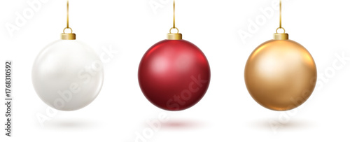 Glossy Christmas ball PNG collection. 3D shiny ornaments red, white, gold decoration