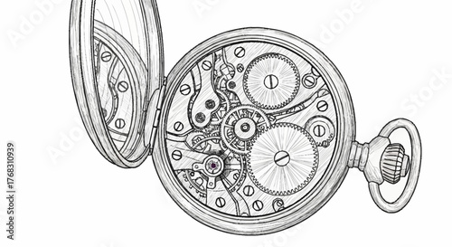 Intricate Mechanical Movement of an Open Pocket Watch Detailed Sketch.