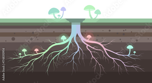 Intricate Mycelial Network and Fungi Underground Illustration.