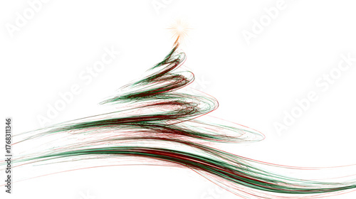 An abstract Christmas tree formed by swirling light trails in green and red, with a bright star apex. Dynamic, ethereal, isolated on white background.