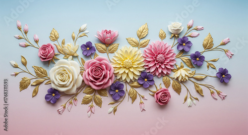 Regal Floral 3D Relief Mural with Roses, Dahlias, and Violets. Majestic 3D Wall Mural. floral landscapes. 3d floral art, floral wallpaper, Luxurious textile tile wall art