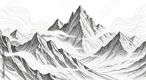 Majestic Mountain Range Landscape Sketch with Dramatic Peaks and Valleys.
